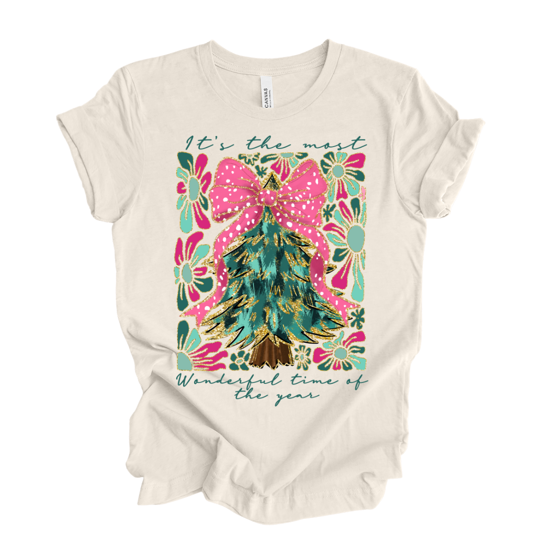 Boho "Most Wonderful Time of the Year" Christmas Tree Graphic T-Shirt - Natural Heather