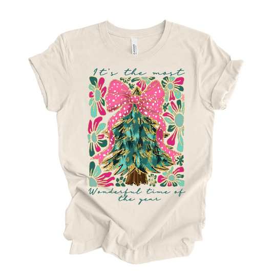 Boho "Most Wonderful Time of the Year" Christmas Tree Graphic T-Shirt - Natural Heather