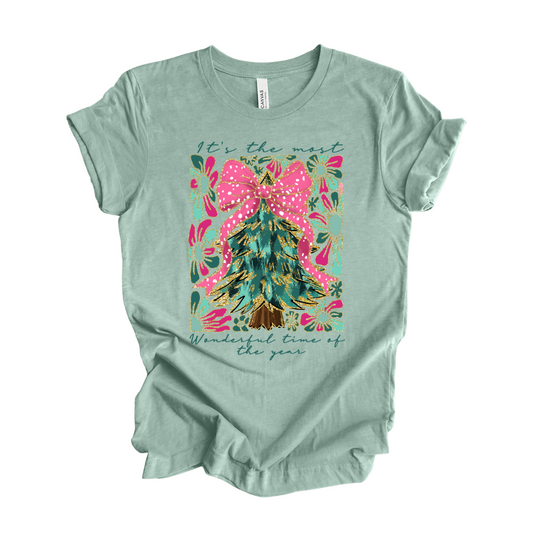 Boho "Most Wonderful Time of the Year" Christmas Tree Graphic T-Shirt - Sage Green