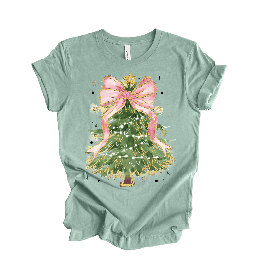 Pink Bow Christmas Tree Graphic T-Shirt