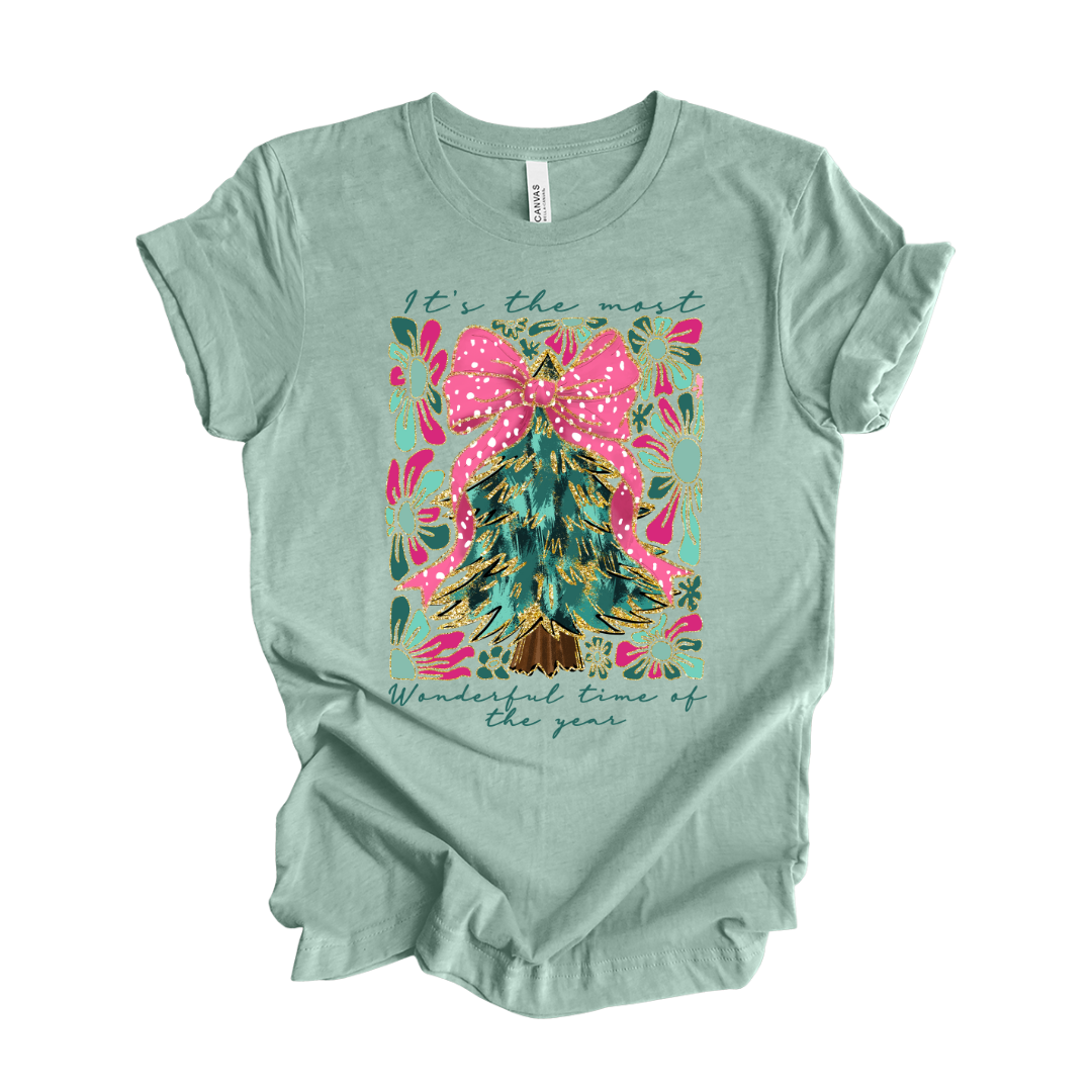 Kringle Krate Christmas Store Boho "Most Wonderful Time of the Year" Christmas Tree Graphic T-Shirt - Sage Green