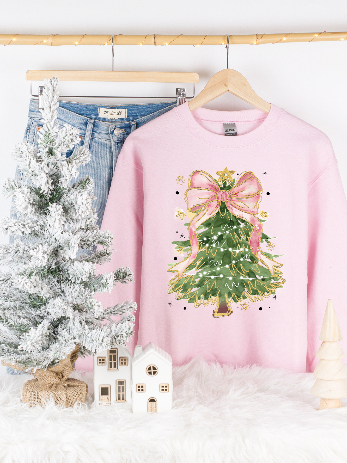 Kringle Krate Christmas Store Pink Bow Christmas Tree Crewneck Sweatshirt