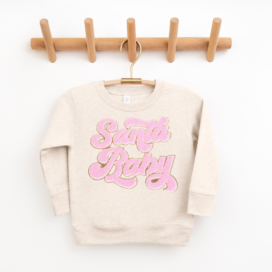 Kringle Krate Christmas Store Pink Santa Baby Chenille Patch Youth Crewneck Sweatshirt